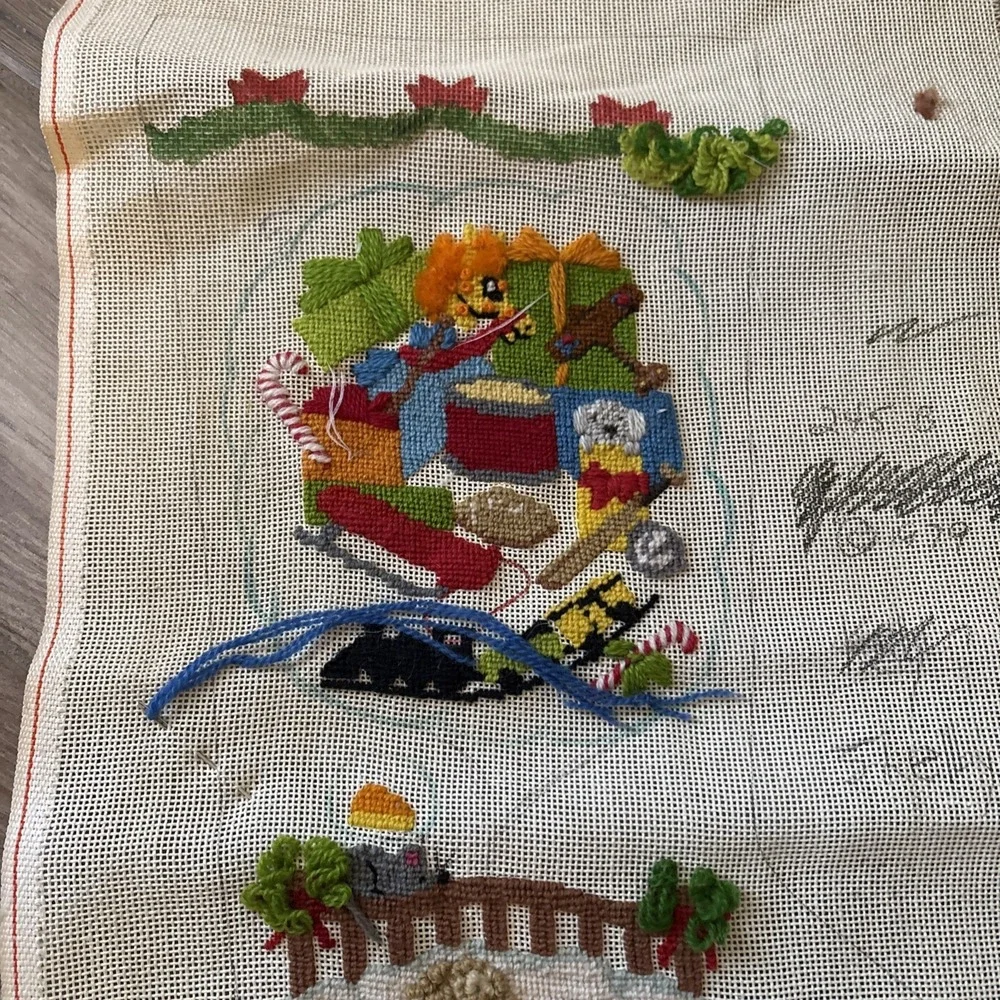 Vintage Handpainted Needlepoint Canvas Sleeping Christmas Stocking Unfinished